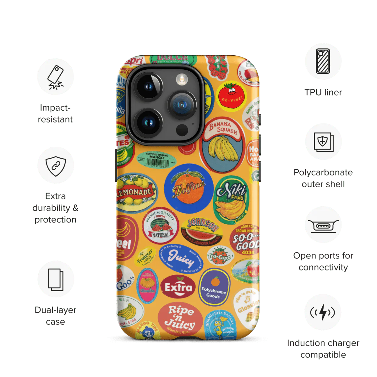 Fruit Stickers 🍊🍒🍋🍍🍏 Phone Case for iPhone (Orange Background) - Image 4