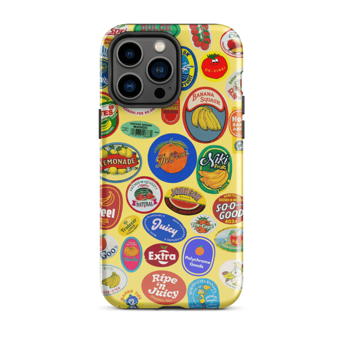 Fruit Stickers 🍊🍒🍋🍍🍏 Phone Case for iPhone (Yellow Background)