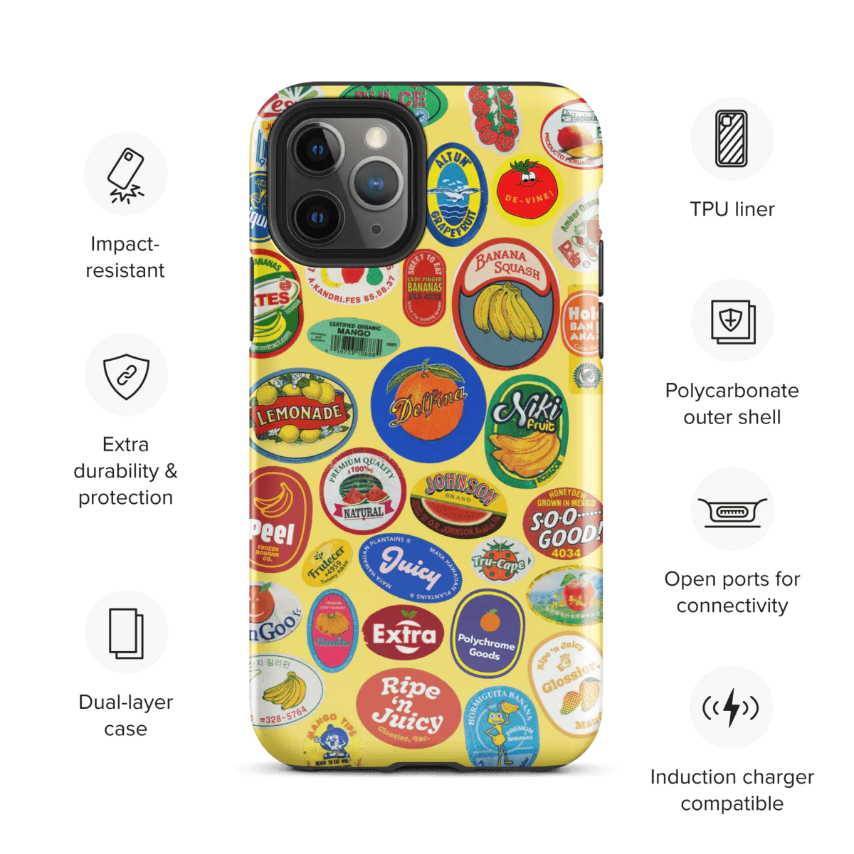 Fruit Stickers 🍊🍒🍋🍍🍏 Phone Case for iPhone (Yellow Background) - Image 2