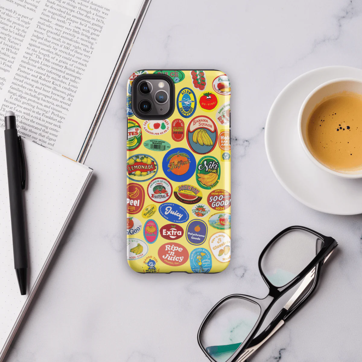 Fruit Stickers 🍊🍒🍋🍍🍏 Phone Case for iPhone (Yellow Background) - Image 4